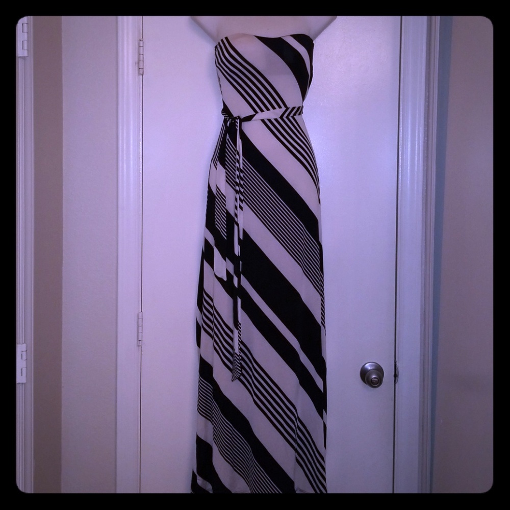 Strapless, tie waist, black and white striped maxi